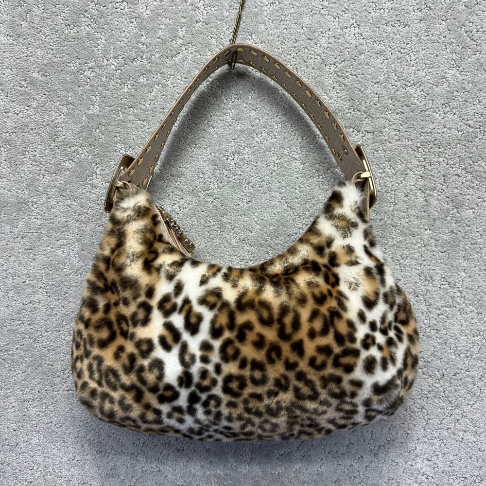 Kathy Van Zeeland Shoulder Bag Leopard Faux Fur Studded Strap Hobo Zip Top Y2k